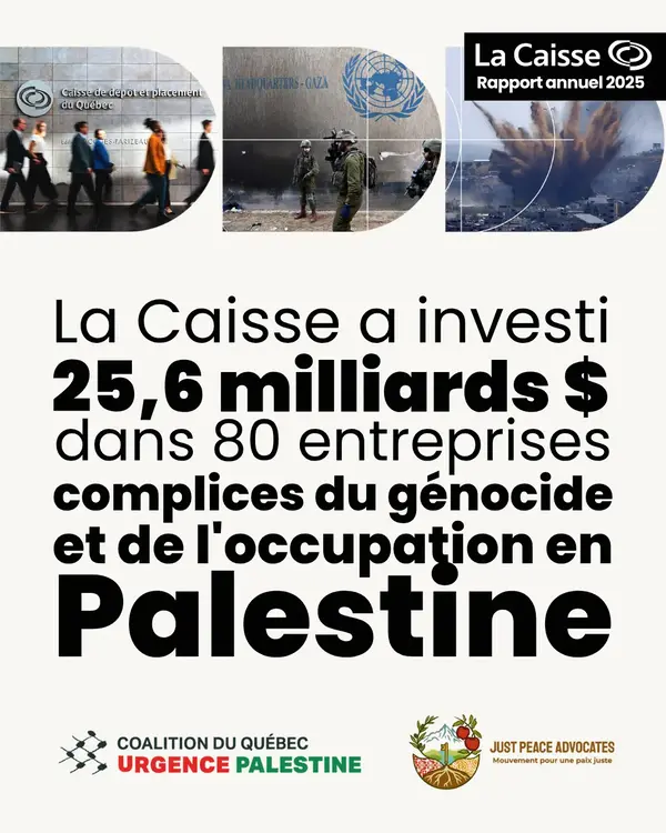 La Caisse a investi 25,6 milliards $ dans 80 entreprises complices du génocide et de l'occupation en Palestine